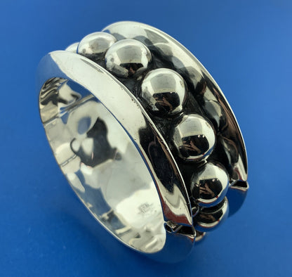 Vintage Taxco 925 Sterling Silver Polka Dot Wide Statement Hinged Cuff Bracelet