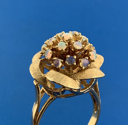Mid Century 14K Yellow Gold Opal Flower Cluster Ribbon Statement Cocktail Ring
