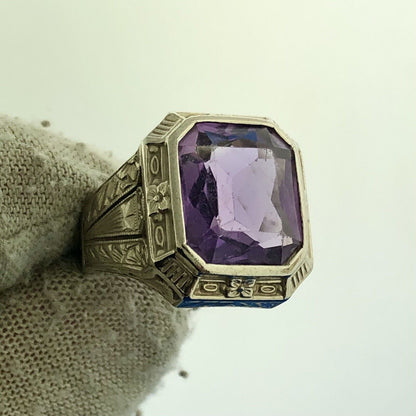 Gorgeous 14k White Gold Radiant Purple Amethyst Floral Pedestal Ring Size 8.25