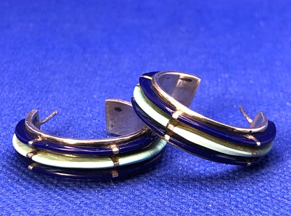 Vintage 925 Sterling Silver Lapis Lazuli Turquoise Butterfly Back Hoop Earrings