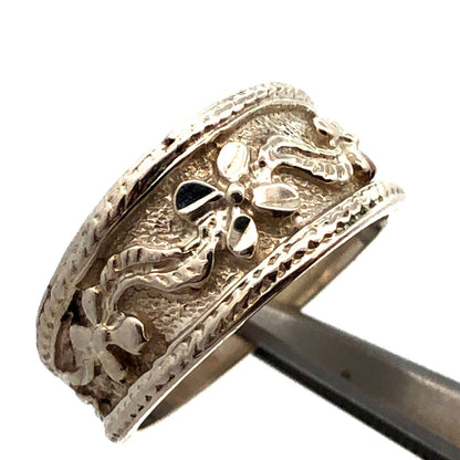 Designer 925 Sterling Silver Floral Detailed Stackable Tapered Wide Band Ring