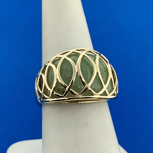 Designer 14K Yellow Gold Curved Jade Cabochon Modernist Dome Ring