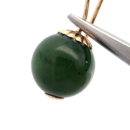 Estate 14K Yellow Gold Round Jade Ball Hook Dangle Earrings