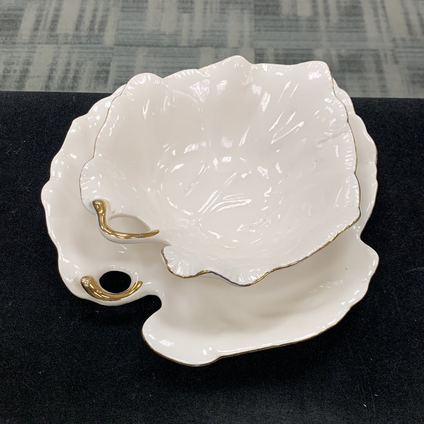 WCL China Set Of Two White Gold Rimmed Leaf Dip Candy Plate Bowl Dish