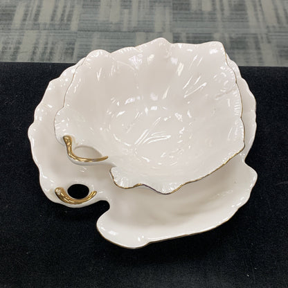 WCL China Set Of Two White Gold Rimmed Leaf Dip Candy Plate Bowl Dish
