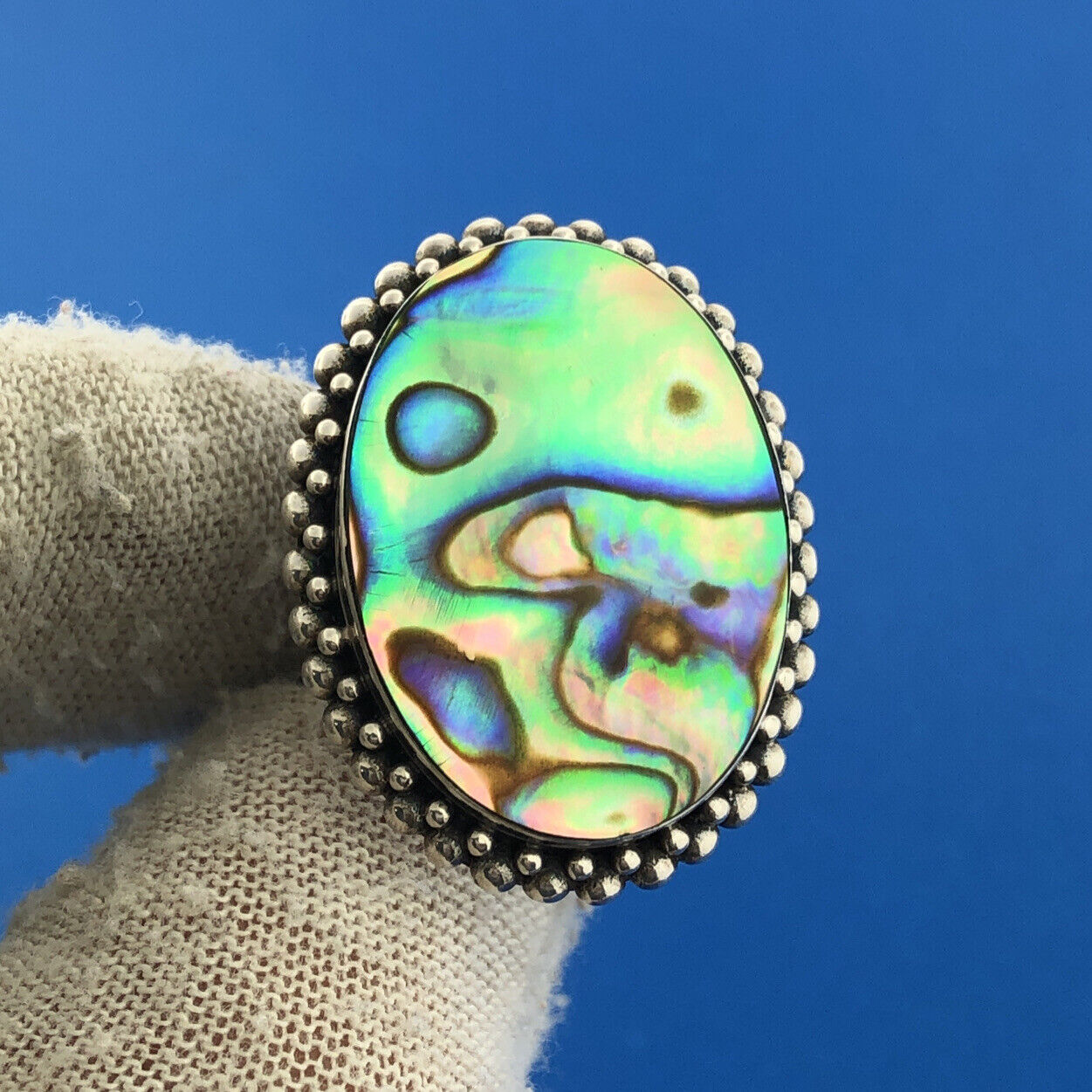 Vintage Mexico Modernist Merav Sterling Silver 925 Abalone Statement Ring