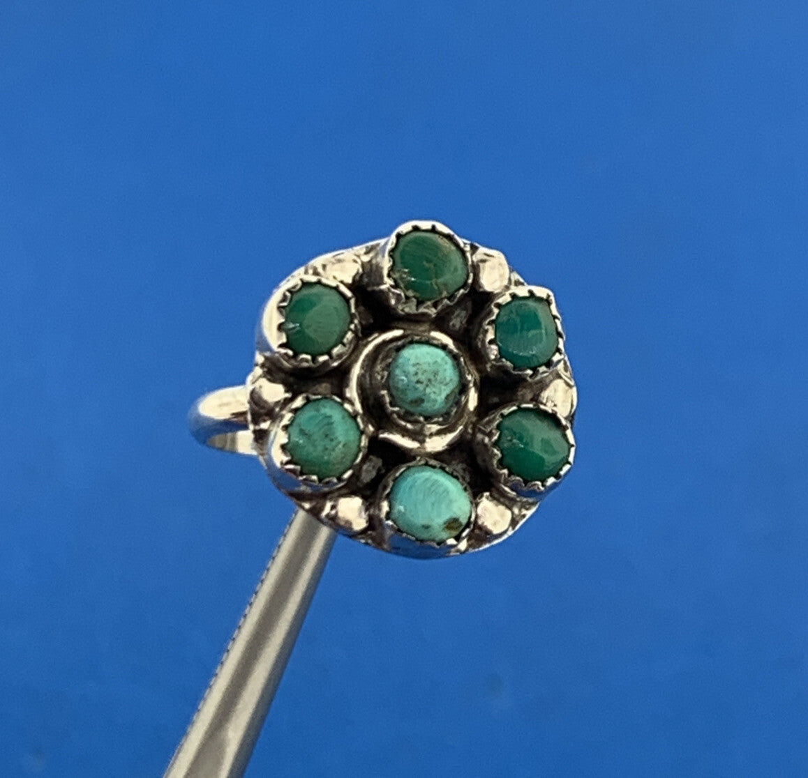 Stunning Sterling Silver 925 7 Green Turquoise Stone Circle Cluster Ring Size 4