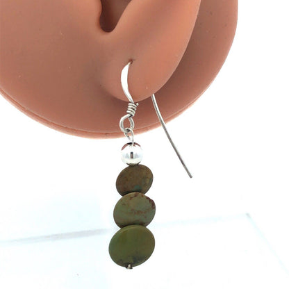 925 Sterling Silver Round Green Turquoise Disc Trio Dangle Hook Earrings
