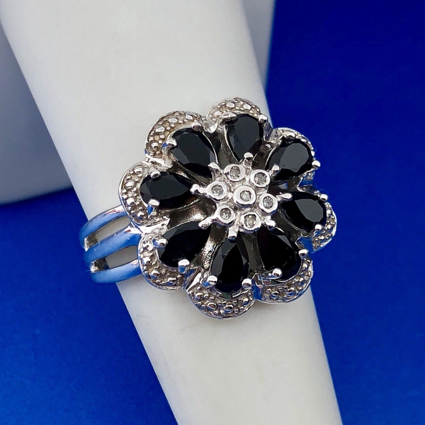 Designer AJ Sterling Silver Sapphire Diamond Floral Cluster September Anniv Ring