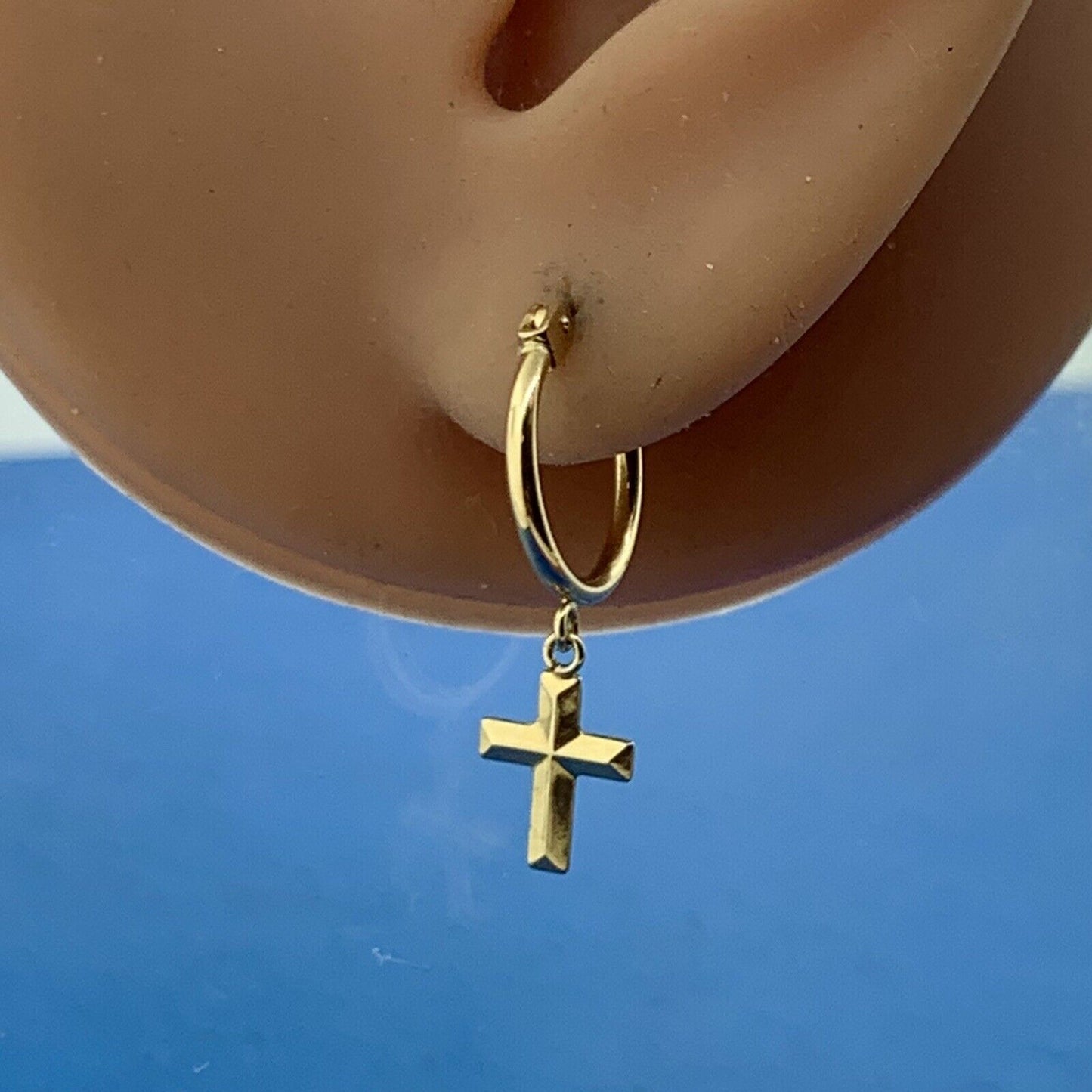 Designer 10K Yellow Gold Cross Dangle Huggy Hoop Earrings