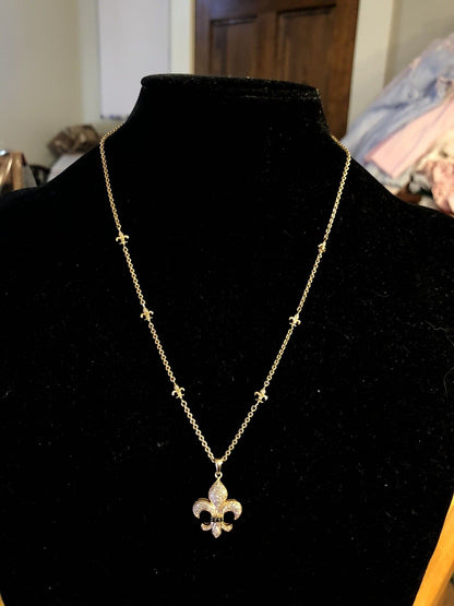 925 Sterling Silver Gold Vermeil Round Diamond Fleur De Lis Necklace
