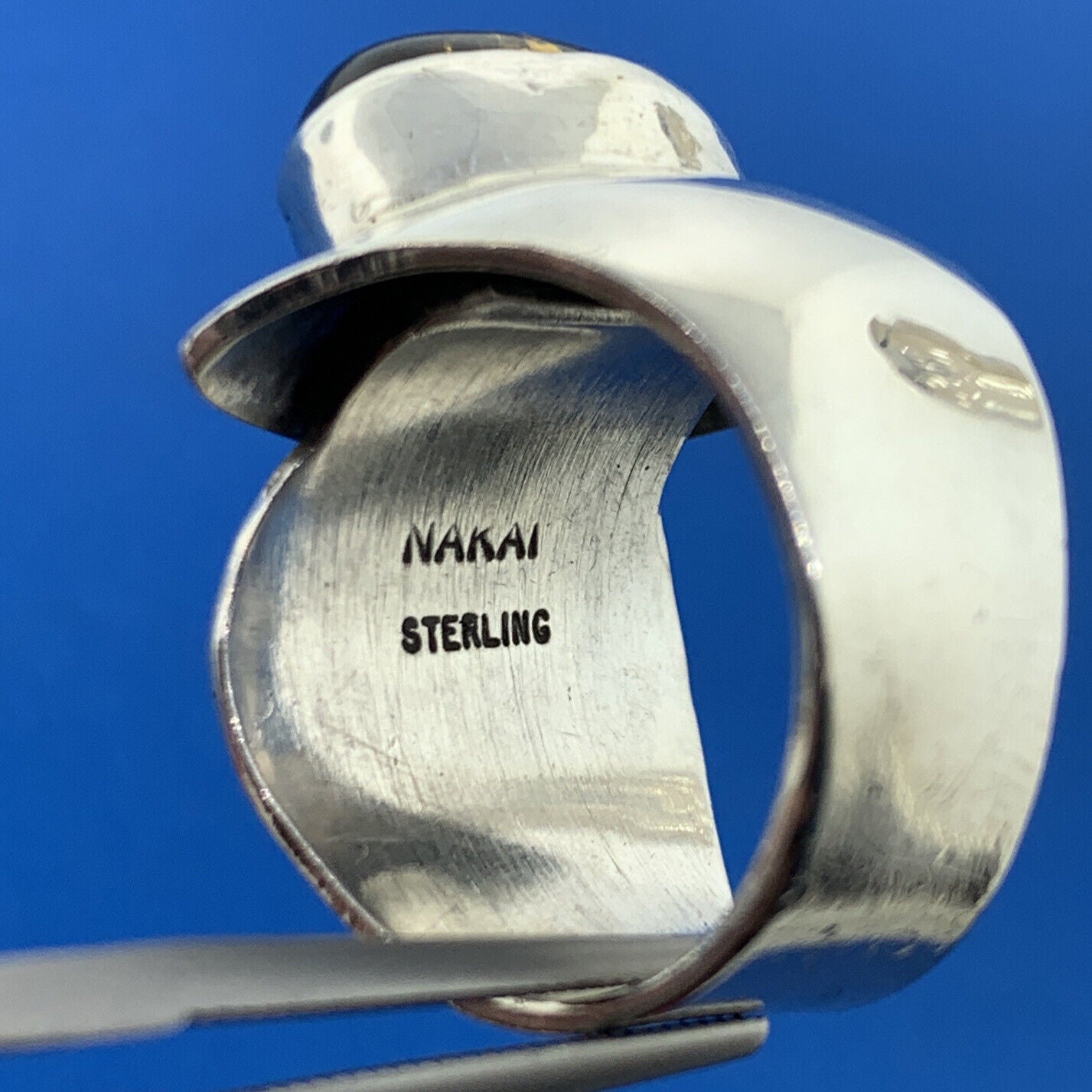 Vintage George Nakai Navajo Sterling Silver 925 Amber Abstract Bypass Ring