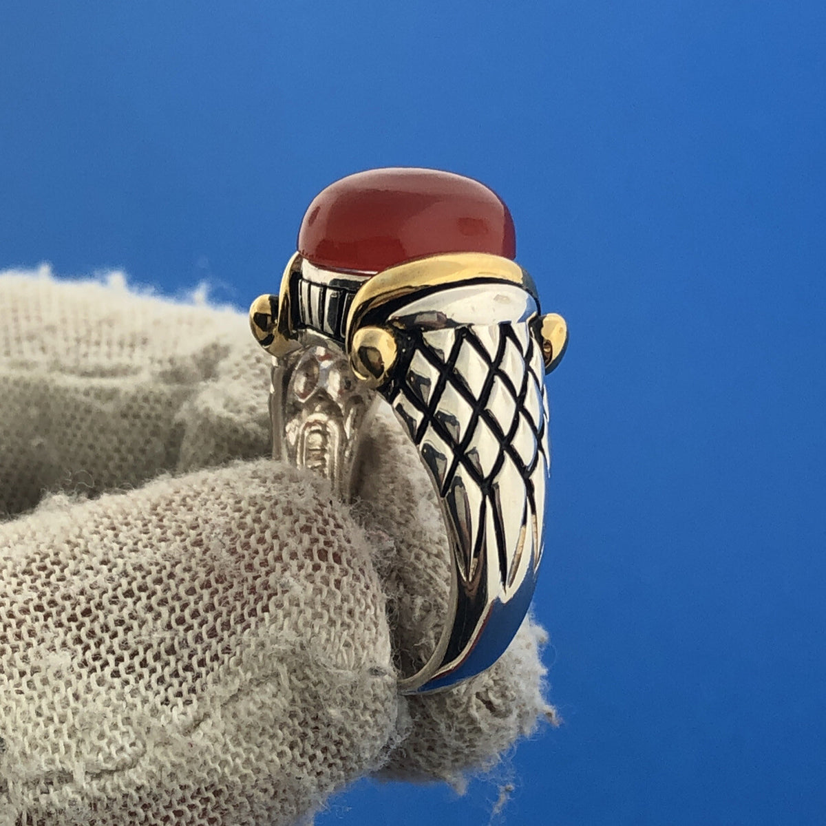 NF Sterling Silver 925 Gold Vermeil Red Carnelian Snakeskin Design Cocktail Ring