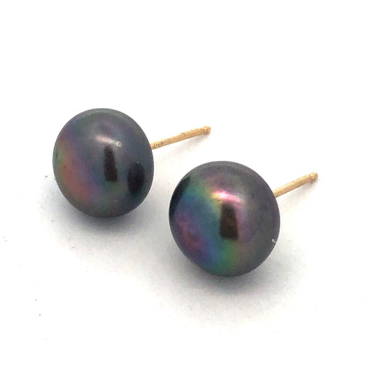 14K Yellow Gold Black Pearl Statement Stud Earrings