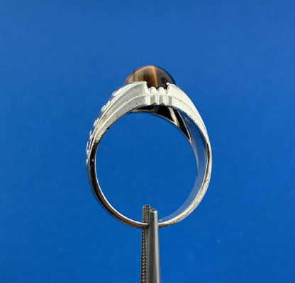 Vintage Designer 925 Sterling Silver Oval Tiger Eye Cabochon Unisex Dome Ring