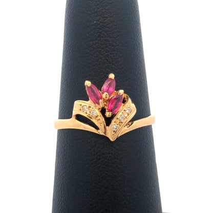 14K Yellow Gold Ruby Diamond Flower Cluster Anniversary Birthstone Cocktail Ring