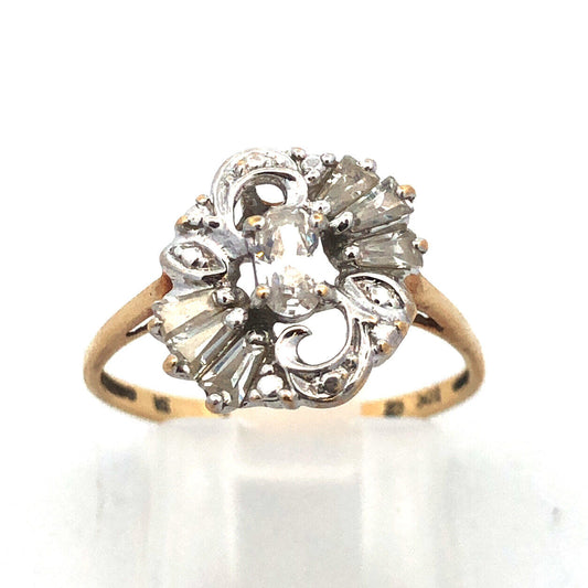 Estate 10K Yellow White Gold Oval CZ Baguette Accented Anniversary Ring