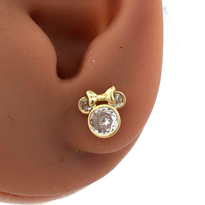 JCM Disney 10K Yellow Gold Round Cubic Zirconia CZ Minnie Mouse Stud Earrings