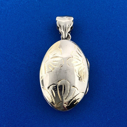 Vintage 925 Sterling Silver Two Toned Floral Etched Oval Locket Pendant