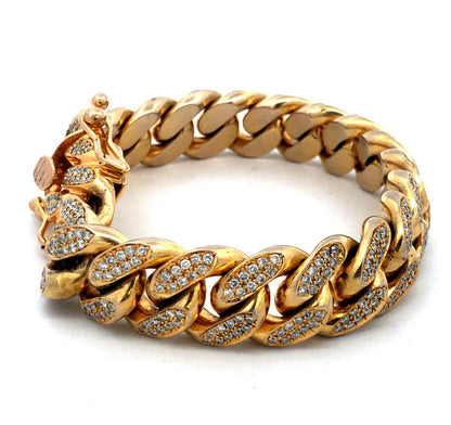 Solid 10K Yellow Gold Pave Diamond Encrusted Miami Cuban Link Statement Bracelet