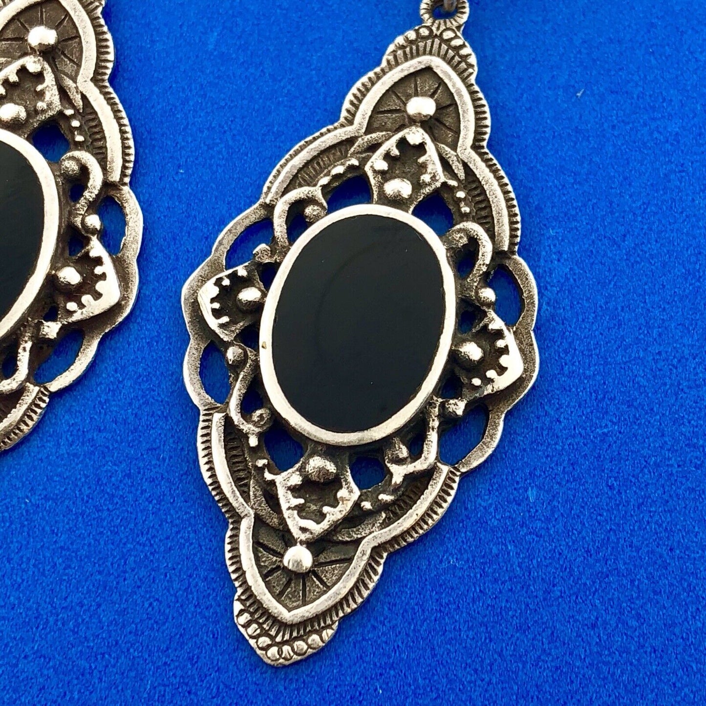 Retro 925 Sterling Silver Black Onyx Scroll Dangle Drop Earrings