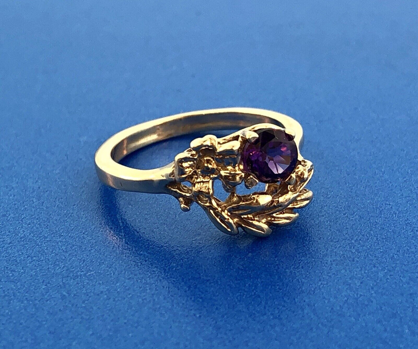 Art Deco 14K Yellow Gold Amethyst Floral Leaf Grecian February Anniversary Ring