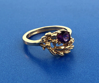 Art Deco 14K Yellow Gold Amethyst Floral Leaf Grecian February Anniversary Ring