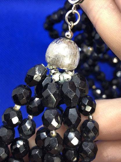 Mid Century Faceted Black Jet Round Rhinestone 6 Strand Layered Collar Necklace
