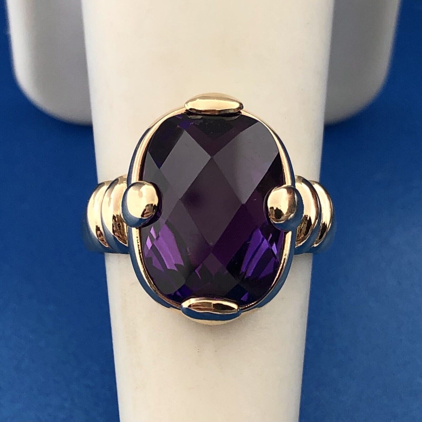 Modernist 14K Yellow Gold Cushion Cut Rectangle Purple Gemstone Anniversary Ring
