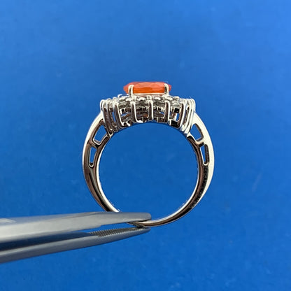 Designer 925 Sterling Silver Fire Opal White Topaz Halo Accented Cocktail Ring