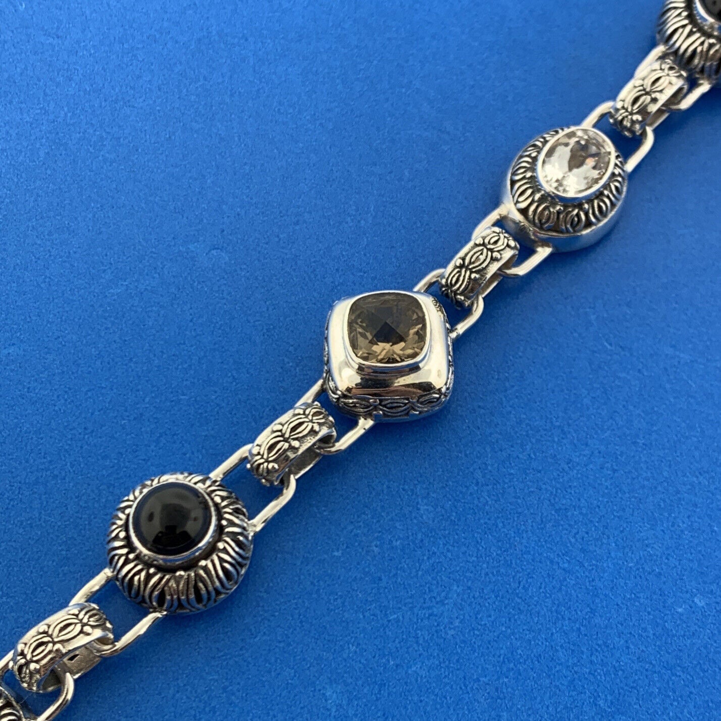 Designer Fusion Sterling Silver 925 Onyx Smoky Quartz Topaz 7" Toggle Bracelet