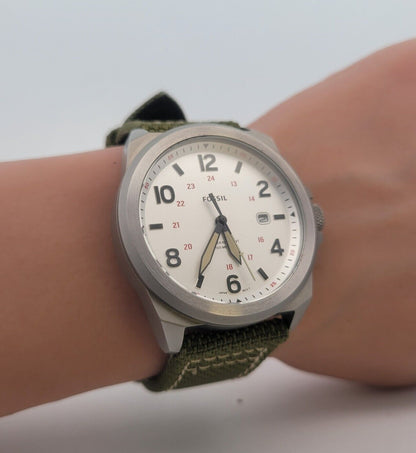 Fossil Bronson Stainless Steel Silver Dial Nylon Band Three-Hand Date Watch