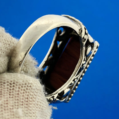 Sterling Silver 925 Red Banded Jasper Scroll Bead Work Statement Bar Dome Ring
