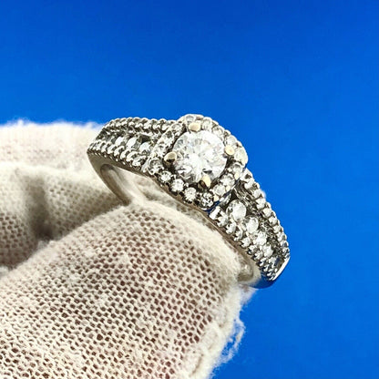 14K White Gold Round Solitaire Diamond Halo Band Accented Bridal Two Ring Set