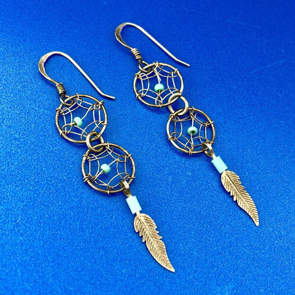 Artisan Sterling Silver 925 Turquoise Intricate Dream Catcher Dangle Earrings