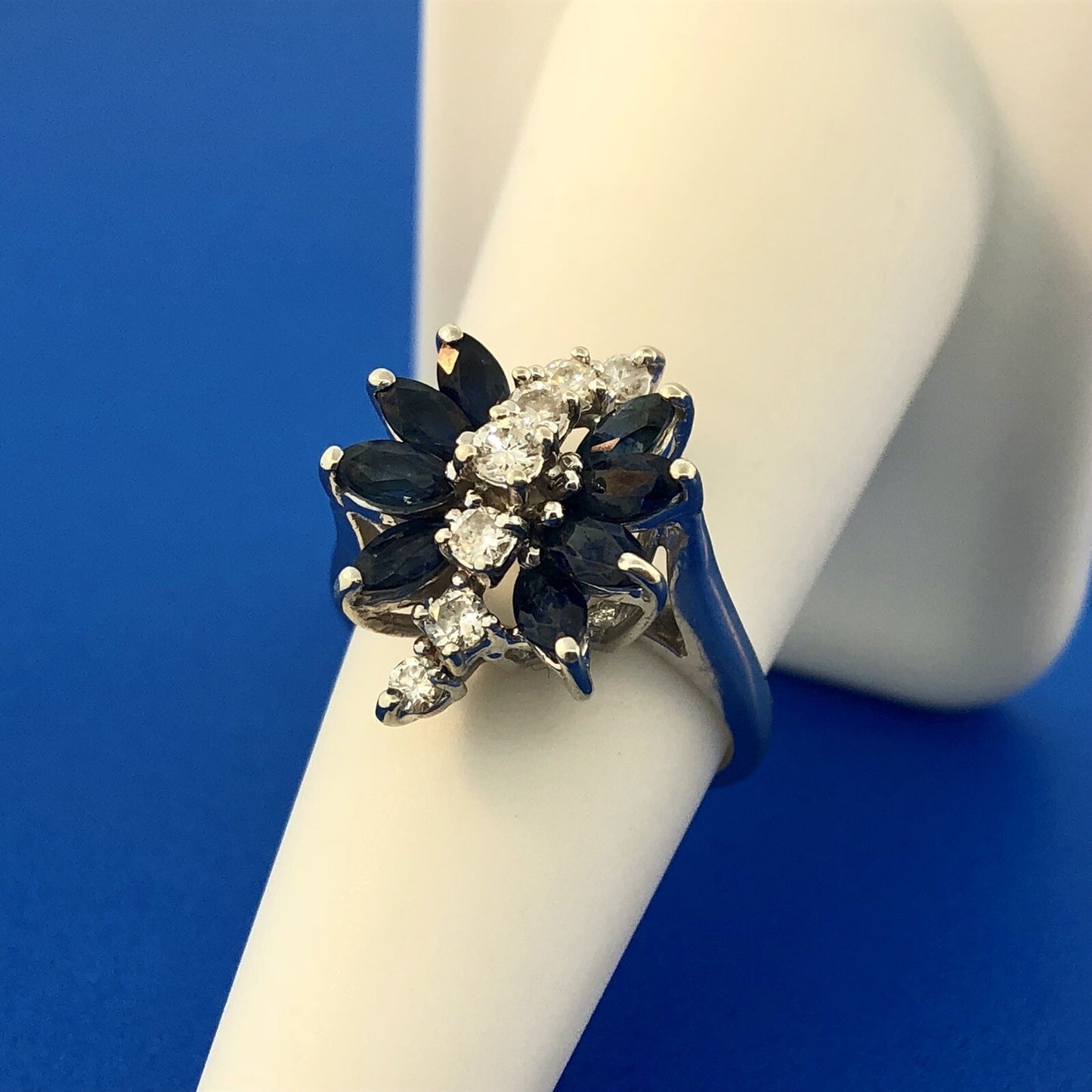 Vintage 14K White Gold Diamond Sapphire Waterfall September Anniversary Ring