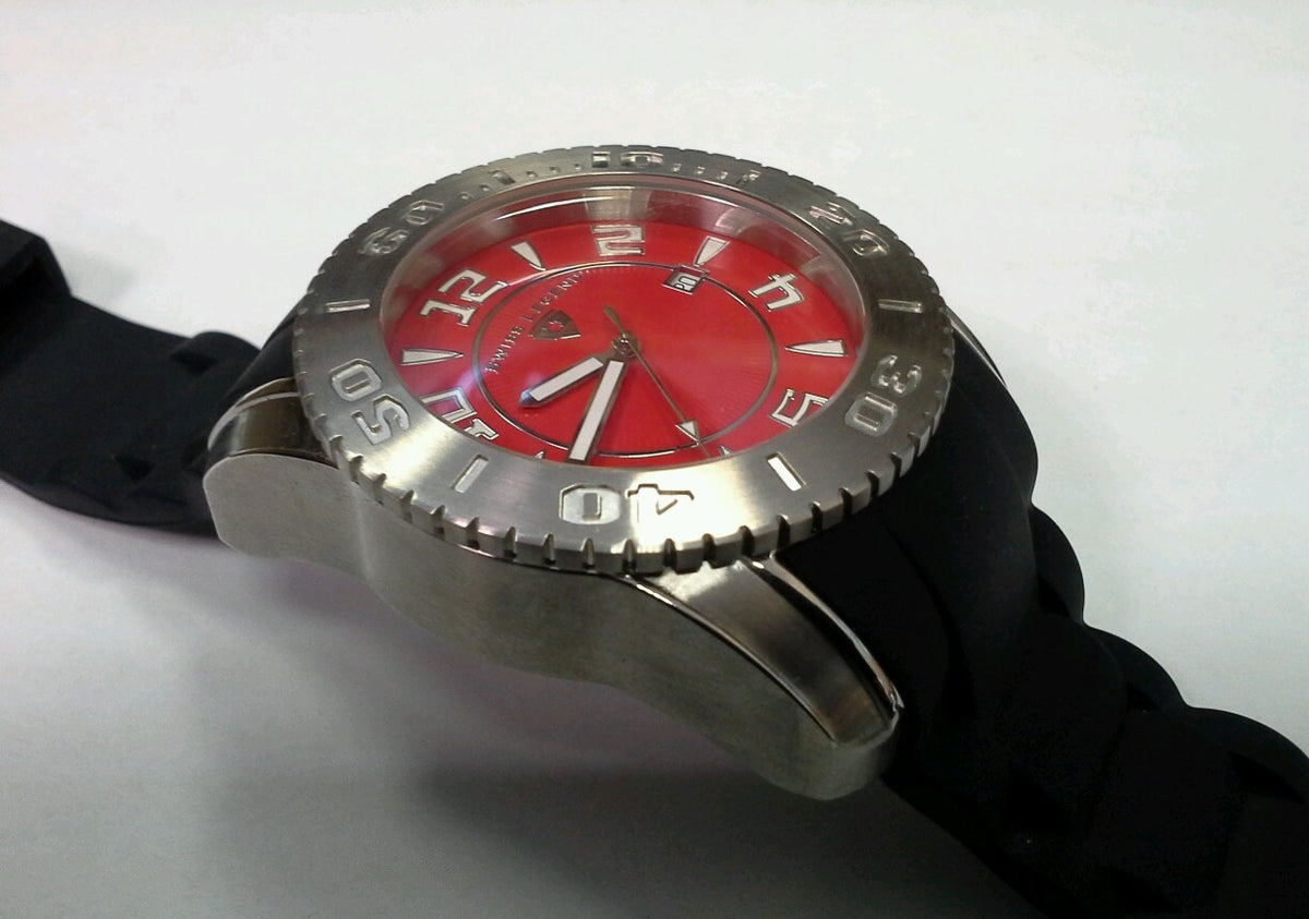 Swiss Legend Men Commander Stainless Steel Black Silicone Red Dial Watch 316L