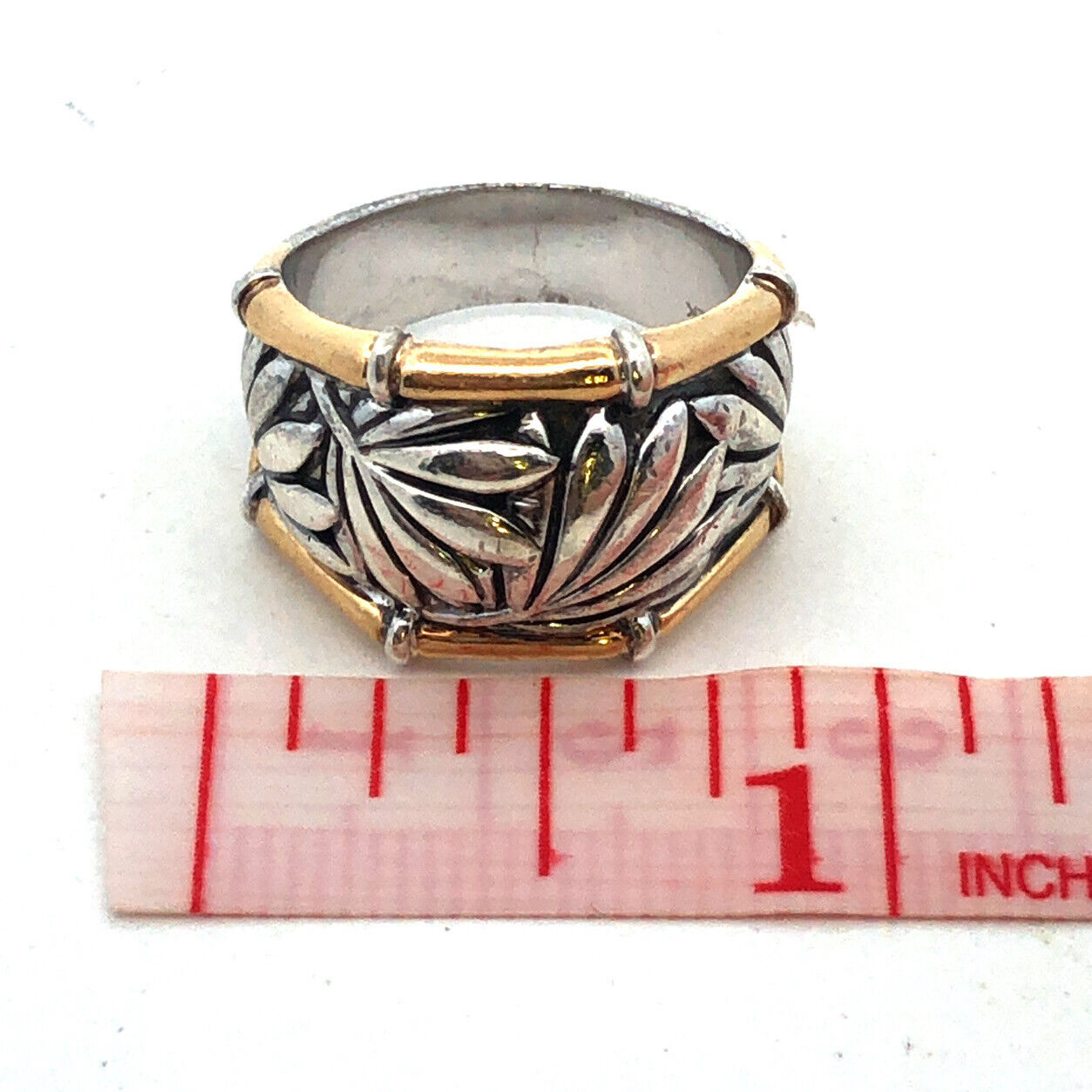 Designer P 925 Sterling Silver 22K Yellow Gold Palm Leaves Bamboo Wide Band Ring