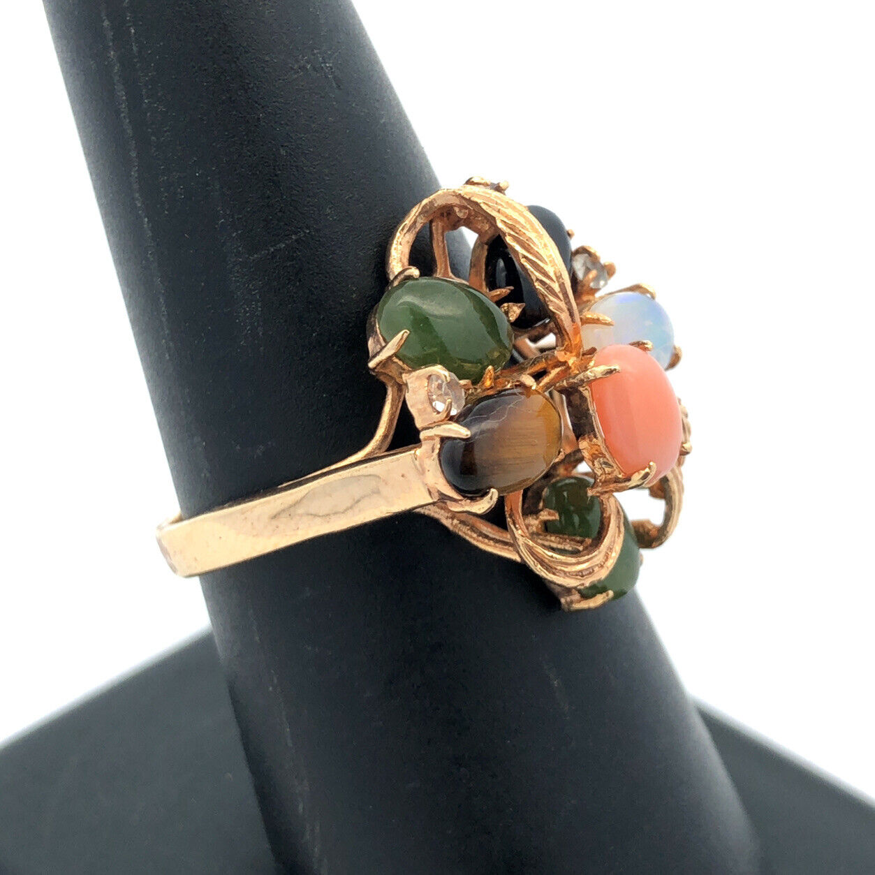 Vintage 18K Yellow HGE Multi Gemstone Floral Cluster Statement Cocktail Ring