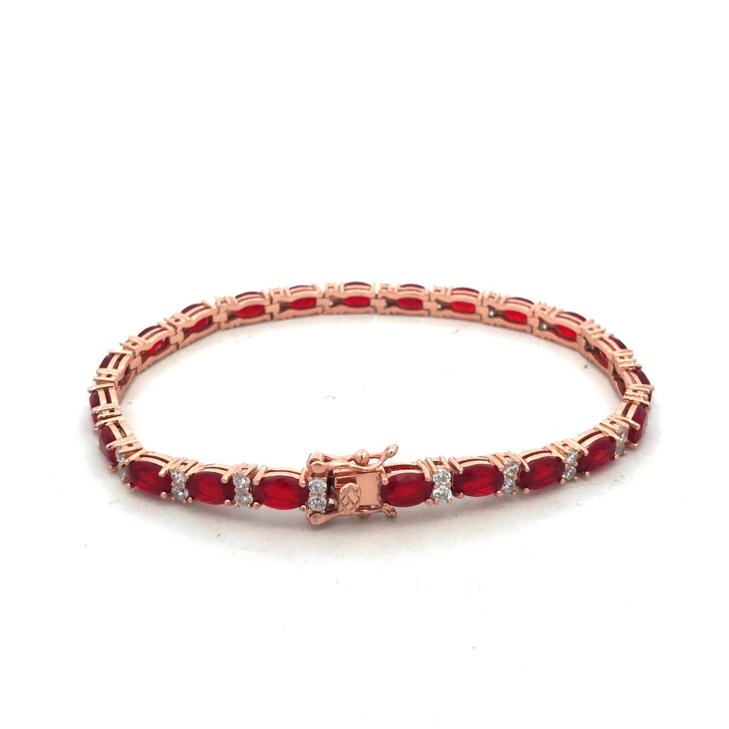 Designer SGJ Rose Tone Sterling Silver Red White Cubic Zirconia Tennis Bracelet