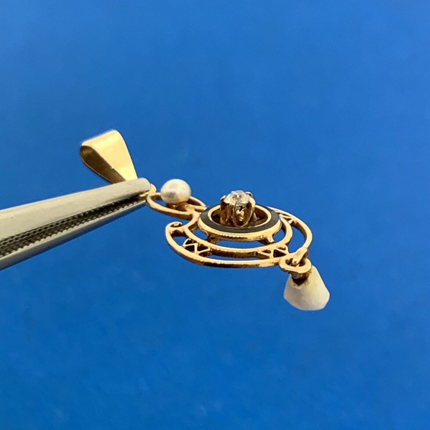 Art Nouveau 10K Yellow Gold Diamond Pearl Black Enamel Drop Dangle Pendant