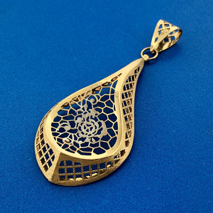 Gorgeous Italian 18k Yellow Gold Openwork Floral Bloom Teardrop Dangle Pendant