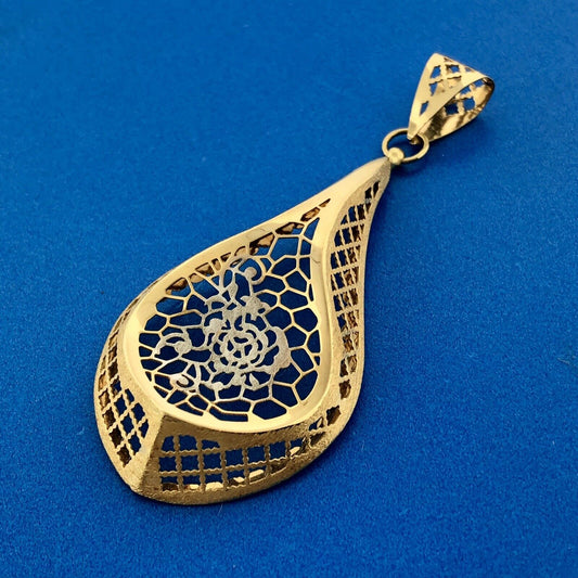 Gorgeous Italian 18k Yellow Gold Openwork Floral Bloom Teardrop Dangle Pendant