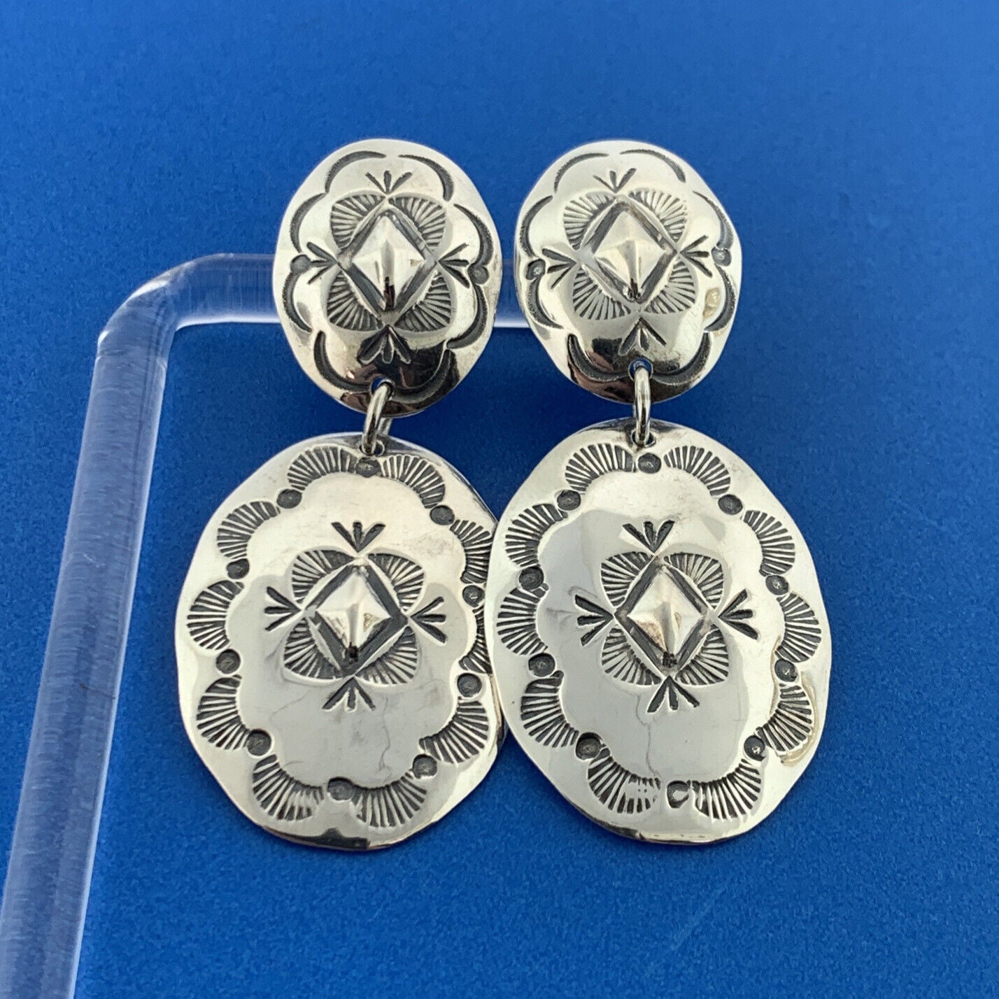 Designer LS Sterling Silver 925 Etched Twin Oval Stud Dangle Earrings