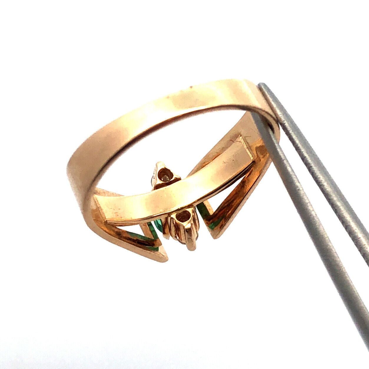 Designer 14K Yellow Gold Green Emerald Diamond Accent Modernist Ring