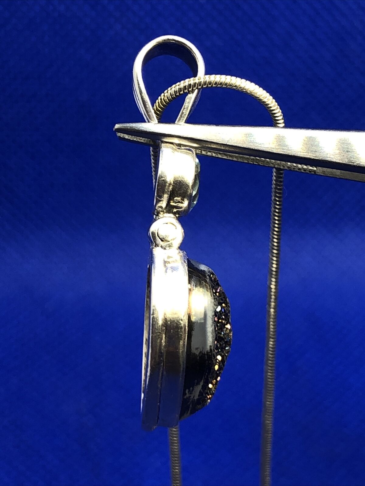 Designer 925 Sterling Silver Pear Druzy Quartz Blue Topaz Pendant Necklace