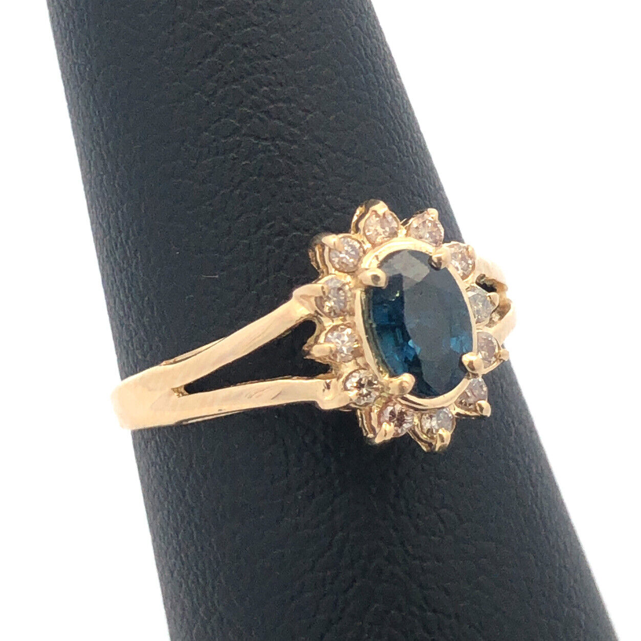 14K Yellow Gold Vintage Oval Blue Sapphire Round Diamond Halo Anniversary Ring