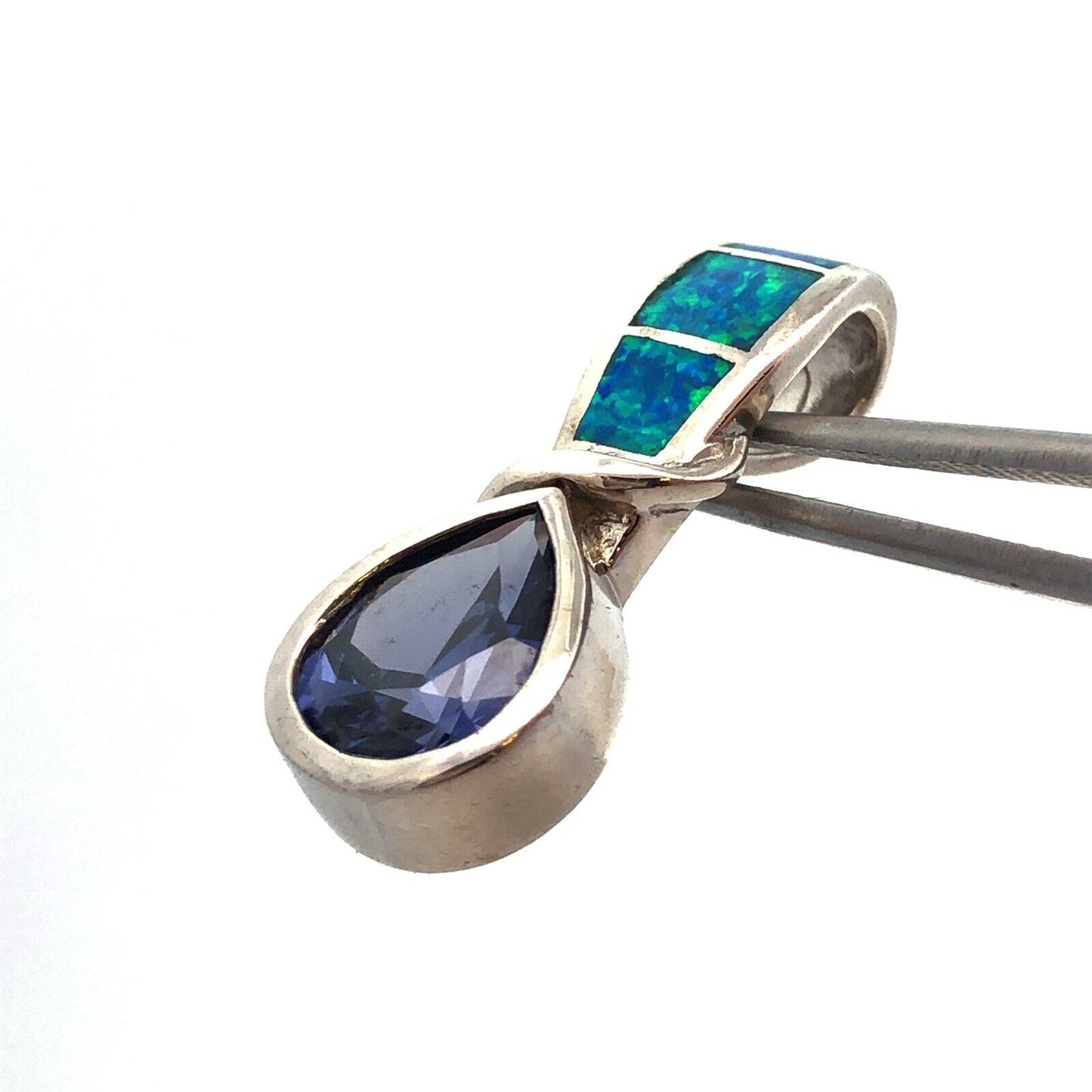 Designer 925 Sterling Silver Pear Tanzanite Opal Inlay Modernist Drop Pendant