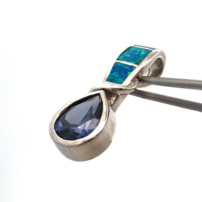 Designer 925 Sterling Silver Pear Tanzanite Opal Inlay Modernist Drop Pendant