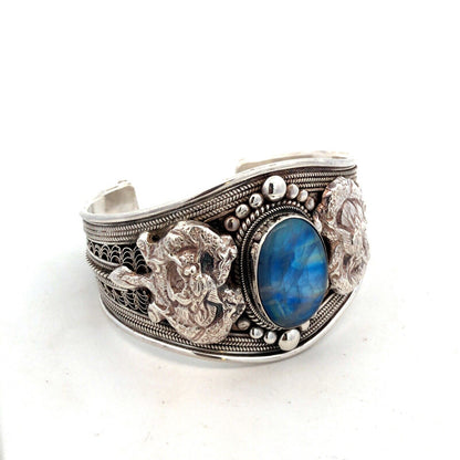925 Sterling Silver Blue Opal Dragon Filigree Detailed Wide Cuff Bracelet